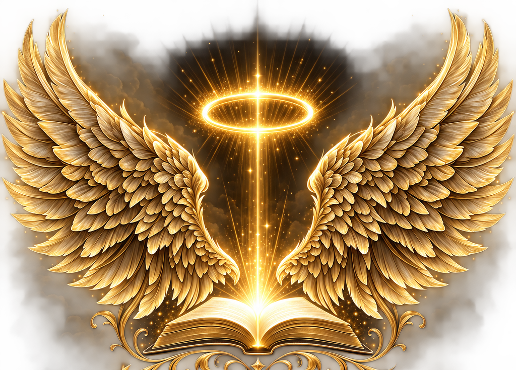 Angelic Bookstore logo — golden angel wings over an open book